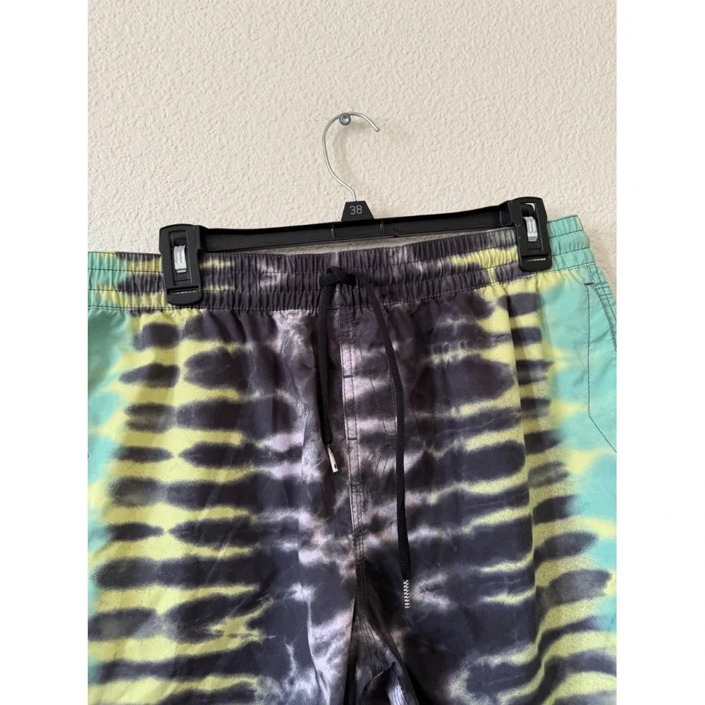 Volcom Mens Tie Dye Board Shorts Teal Black Yellow Elastic Waist Size M